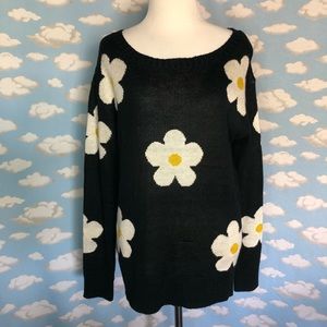 Windsor Scoop neck‎ Lightweight Sweater Black with White Flowers Size S/M